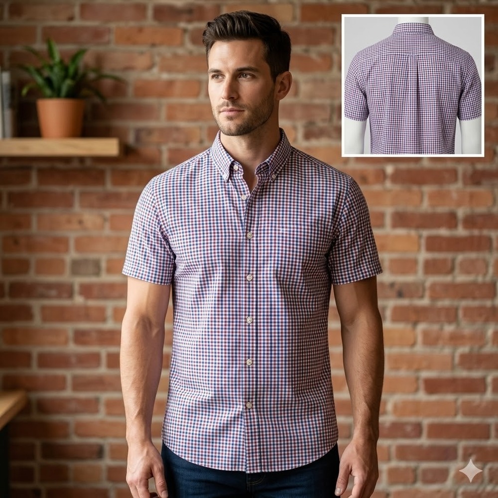 7Diamonds SMK-5023 Limits of Desire Mens Medium Blue Red Gingham SS Button Down